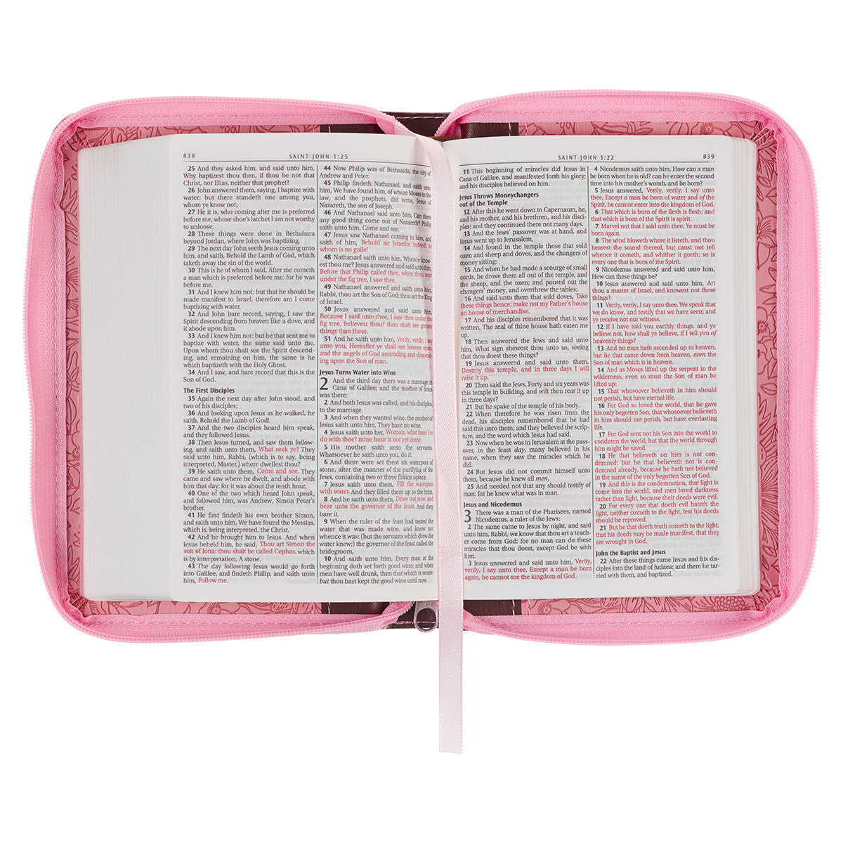 Pink and Saddle Tan Faux Leather Mini Pocket King James Version Bible with Zippered Closure - The Christian Gift Company