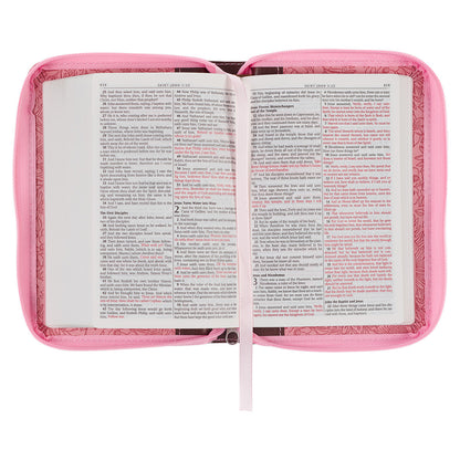 Pink and Saddle Tan Faux Leather Mini Pocket King James Version Bible with Zippered Closure - The Christian Gift Company