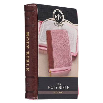 Pink and Saddle Tan Faux Leather Mini Pocket King James Version Bible with Zippered Closure - The Christian Gift Company