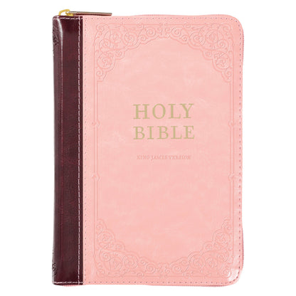 Burgundy and Pink Floral Faux Leather Compact KJV Bible with Zippered Closure - The Christian Gift Company