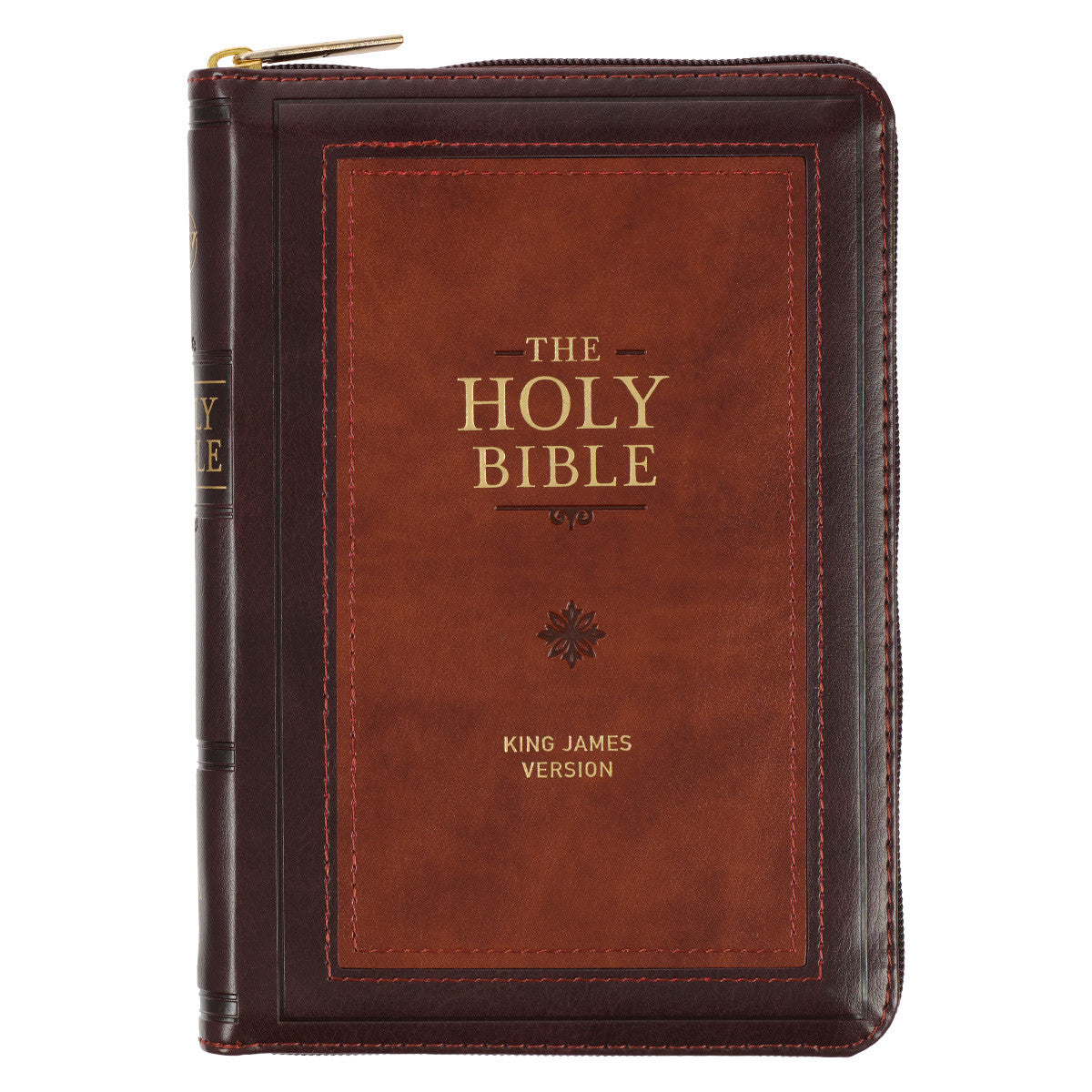 Burgundy and Saddle Tan Framed Faux Leather Compact King James Version Bible with Zippered Closure - The Christian Gift Company