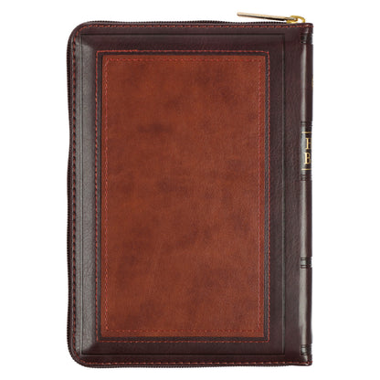 Burgundy and Saddle Tan Framed Faux Leather Compact King James Version Bible with Zippered Closure - The Christian Gift Company