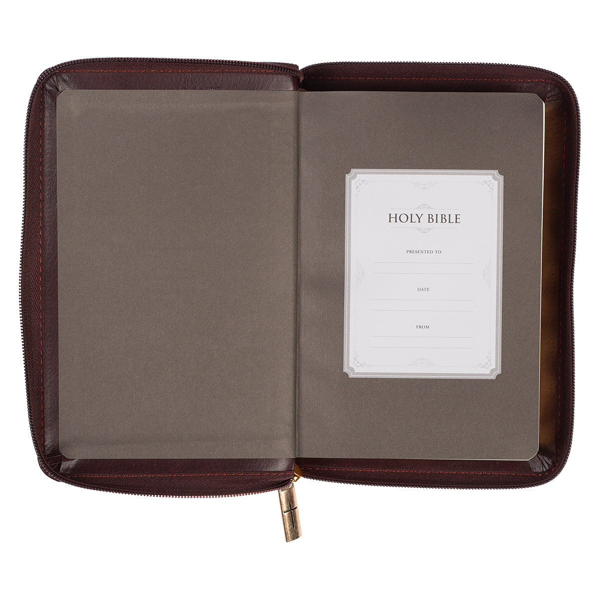 Burgundy and Saddle Tan Framed Faux Leather Compact King James Version Bible with Zippered Closure - The Christian Gift Company