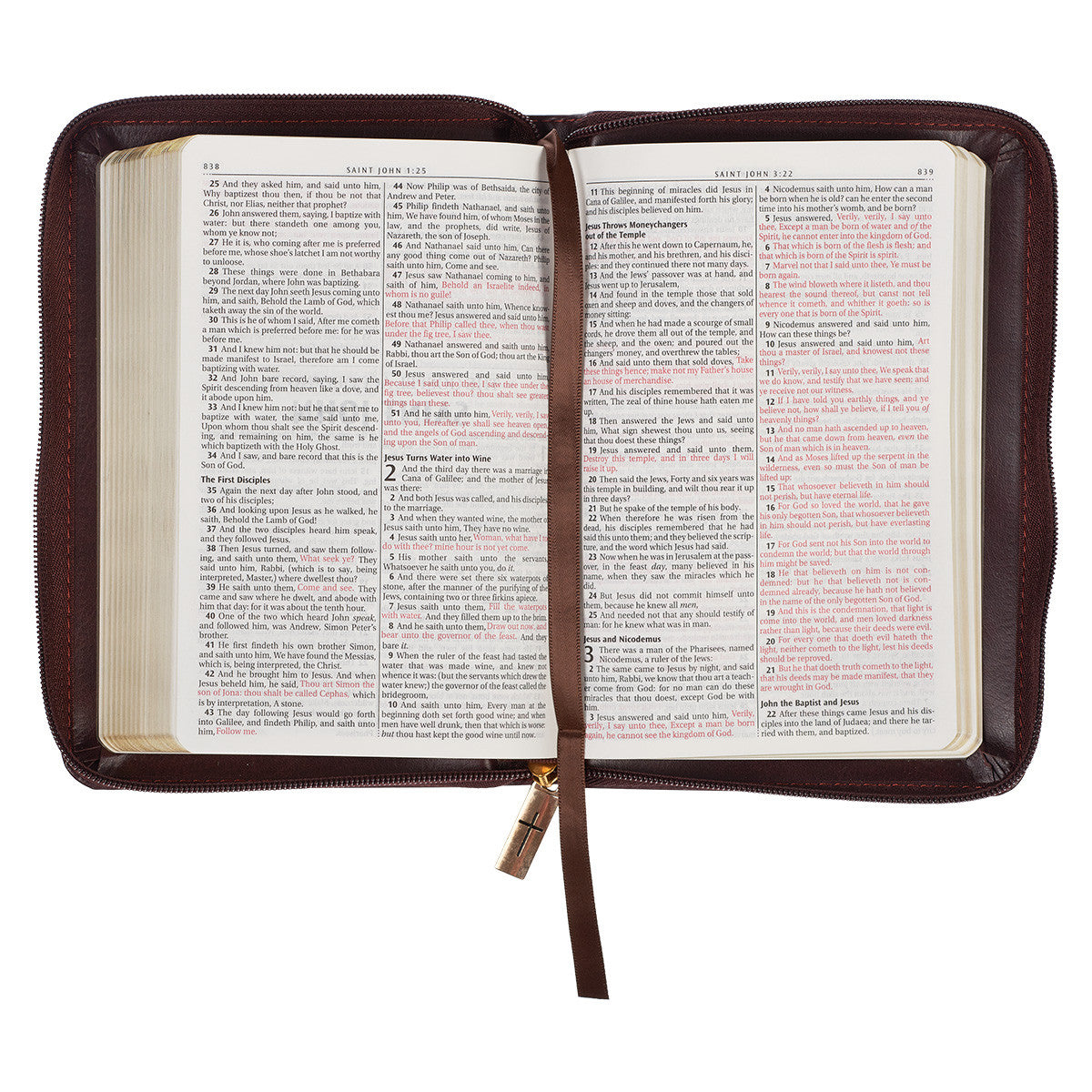 Burgundy and Saddle Tan Framed Faux Leather Compact King James Version Bible with Zippered Closure - The Christian Gift Company