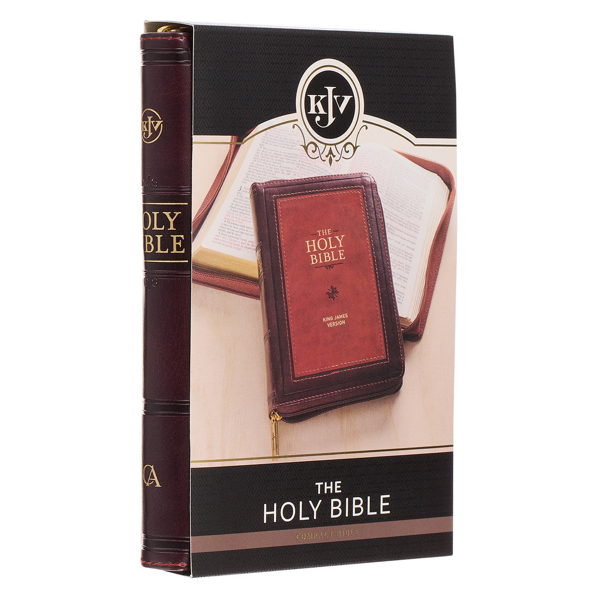 Burgundy and Saddle Tan Framed Faux Leather Compact King James Version Bible with Zippered Closure - The Christian Gift Company