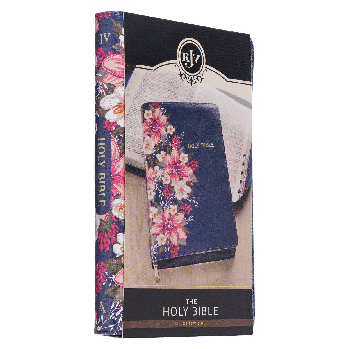 Floral Blue Faux Leather King James Version Deluxe Gift Bible with Thumb Index and Zippered Closure - The Christian Gift Company