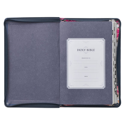 Floral Blue Faux Leather King James Version Deluxe Gift Bible with Thumb Index and Zippered Closure - The Christian Gift Company