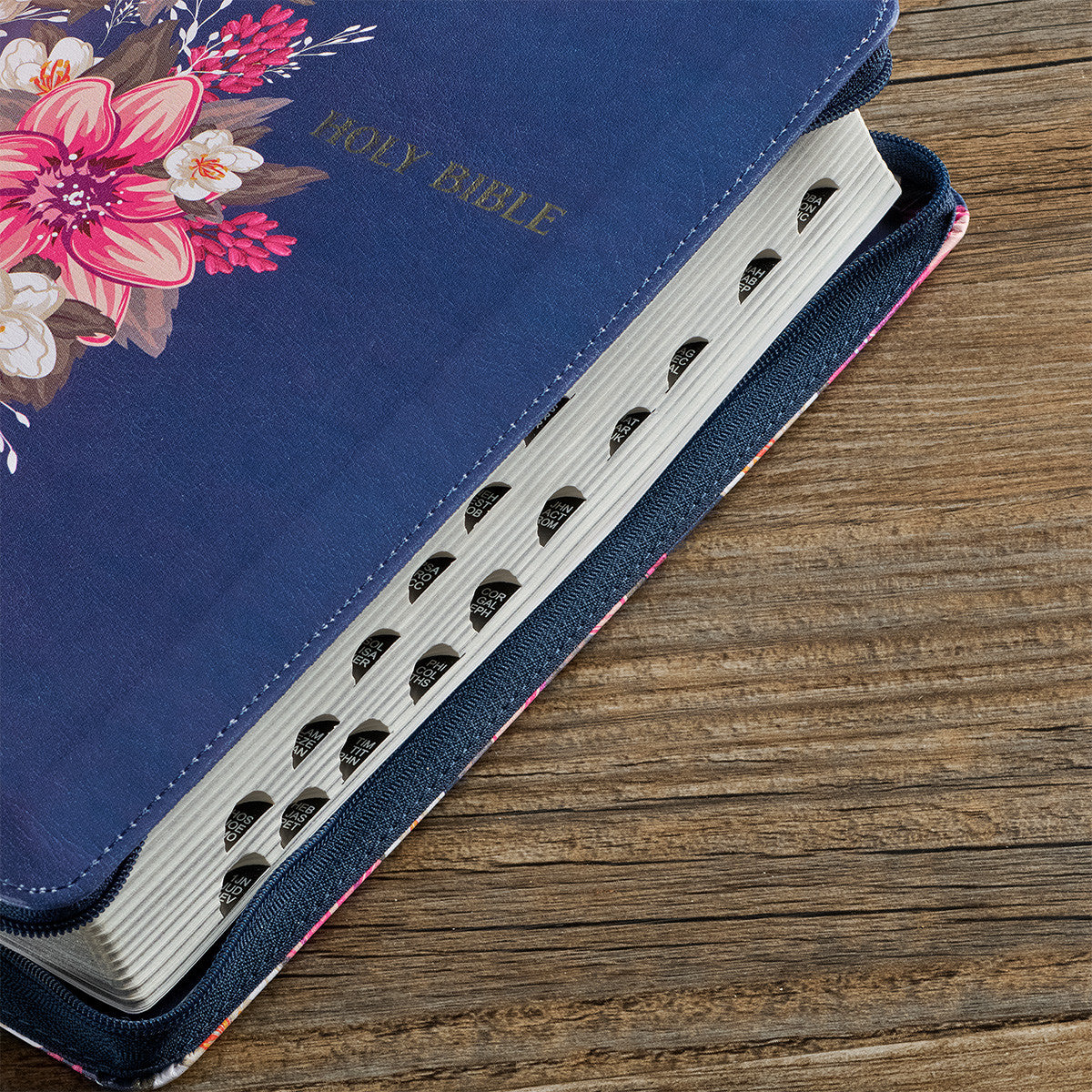 Floral Blue Faux Leather King James Version Deluxe Gift Bible with Thumb Index and Zippered Closure - The Christian Gift Company