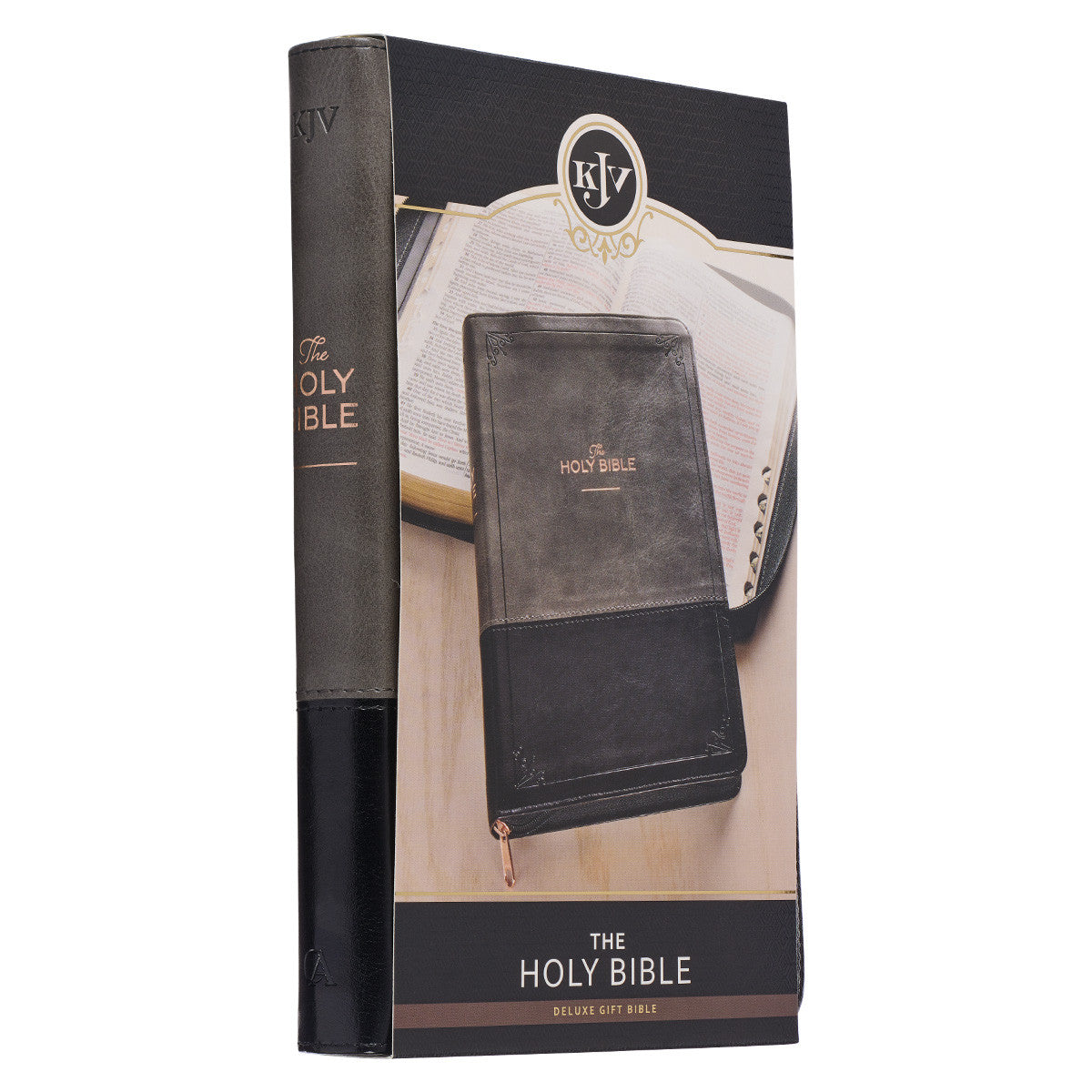 Grey and Black Faux Leather King James Version Deluxe Gift Bible with Thumb Index and Zippered Closure - The Christian Gift Company