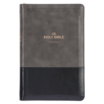 Grey and Black Faux Leather King James Version Deluxe Gift Bible with Thumb Index and Zippered Closure - The Christian Gift Company