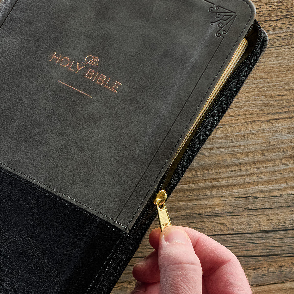 Grey and Black Faux Leather King James Version Deluxe Gift Bible with Thumb Index and Zippered Closure - The Christian Gift Company