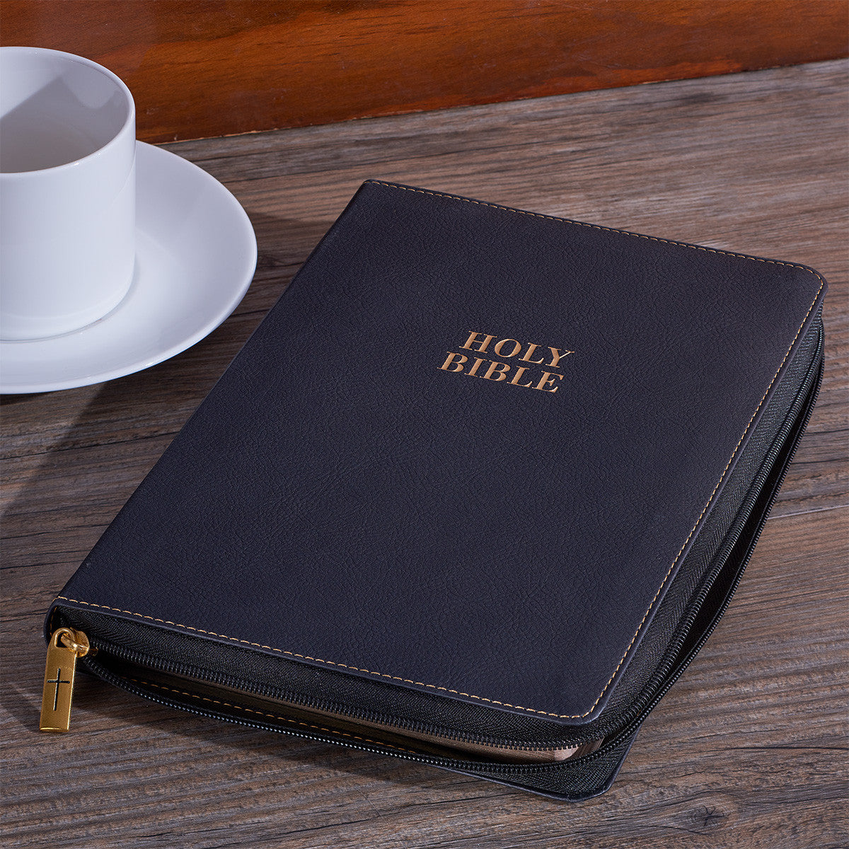 Black Faux Leather Large Print Thinline KJV Bible with Thumb Index and Zippered Closure - The Christian Gift Company