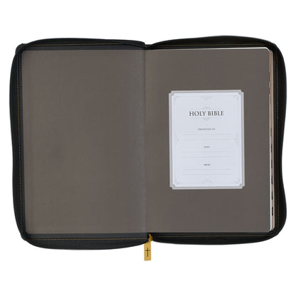 Black Faux Leather Large Print Thinline KJV Bible with Thumb Index and Zippered Closure - The Christian Gift Company