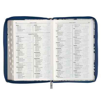 Blue Pearlized Floral Faux Leather Large Print Thinline K J V Bible with Zippered Closure and Thumb Index - The Christian Gift Company