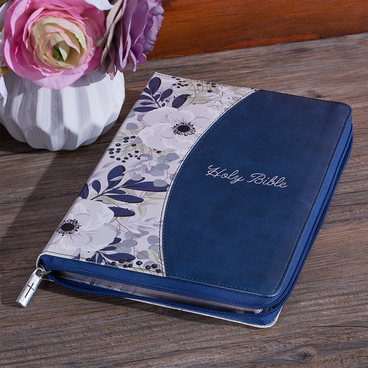 Blue Pearlized Floral Faux Leather Large Print Thinline K J V Bible with Zippered Closure and Thumb Index - The Christian Gift Company