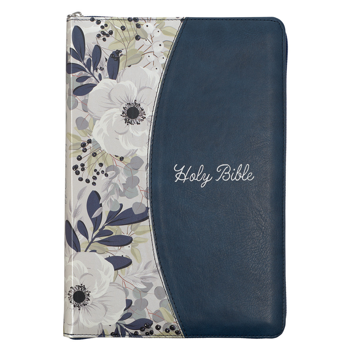 Blue Pearlized Floral Faux Leather Large Print Thinline K J V Bible with Zippered Closure and Thumb Index - The Christian Gift Company