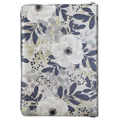 Blue Pearlized Floral Faux Leather Large Print Thinline K J V Bible with Zippered Closure and Thumb Index - The Christian Gift Company