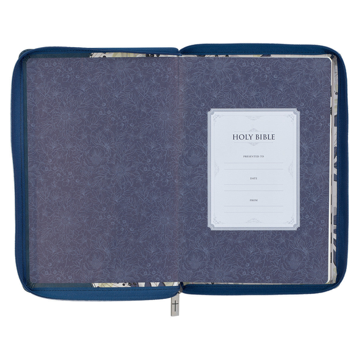 Blue Pearlized Floral Faux Leather Large Print Thinline K J V Bible with Zippered Closure and Thumb Index - The Christian Gift Company