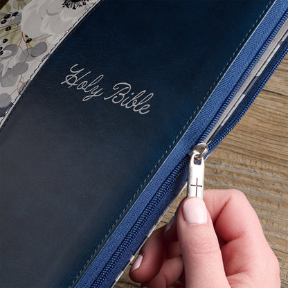 Blue Pearlized Floral Faux Leather Large Print Thinline K J V Bible with Zippered Closure and Thumb Index - The Christian Gift Company