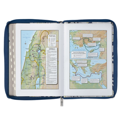 Blue Pearlized Floral Faux Leather Large Print Thinline K J V Bible with Zippered Closure and Thumb Index - The Christian Gift Company