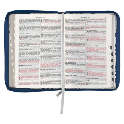 Blue Pearlized Floral Faux Leather Large Print Thinline K J V Bible with Zippered Closure and Thumb Index - The Christian Gift Company