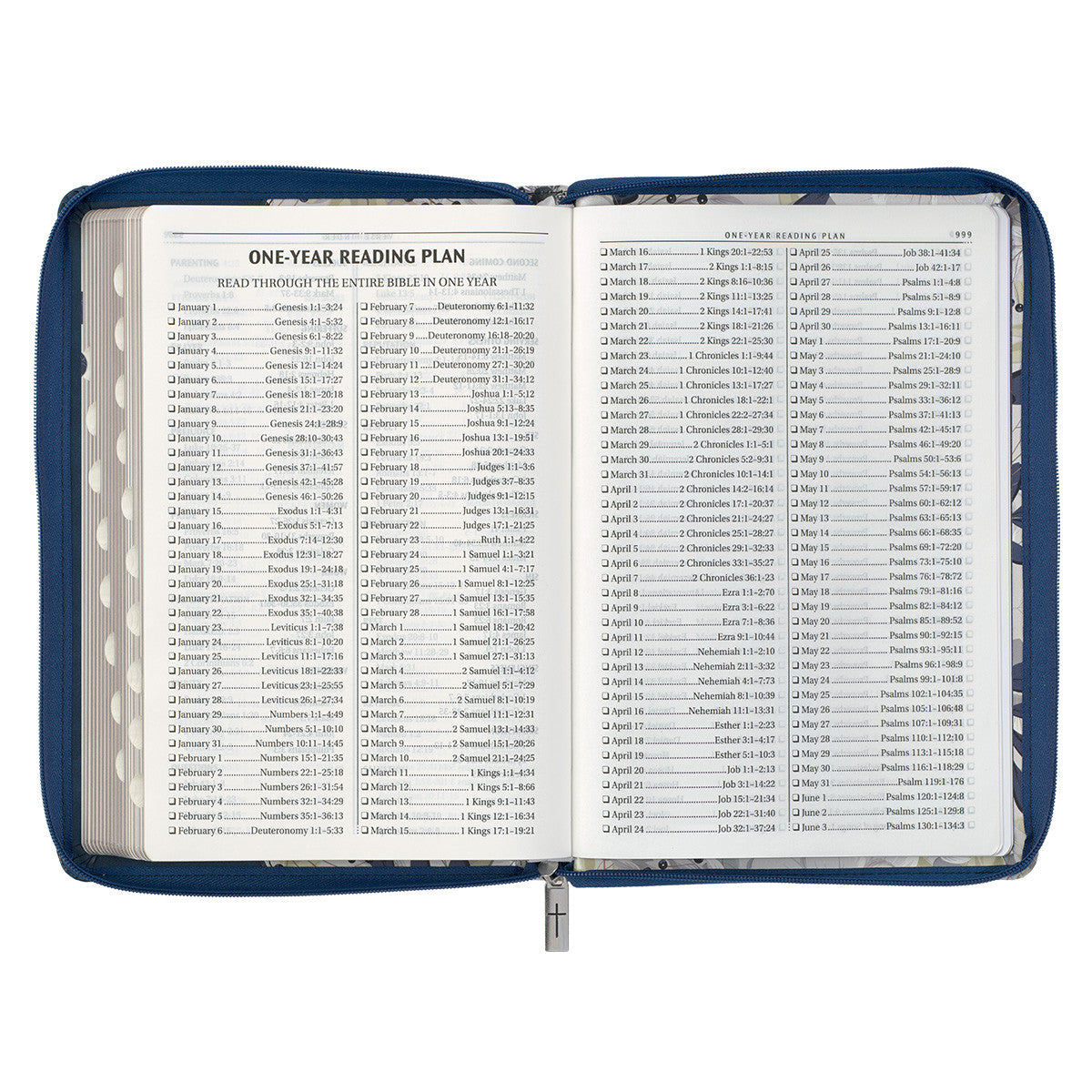 Blue Pearlized Floral Faux Leather Large Print Thinline K J V Bible with Zippered Closure and Thumb Index - The Christian Gift Company