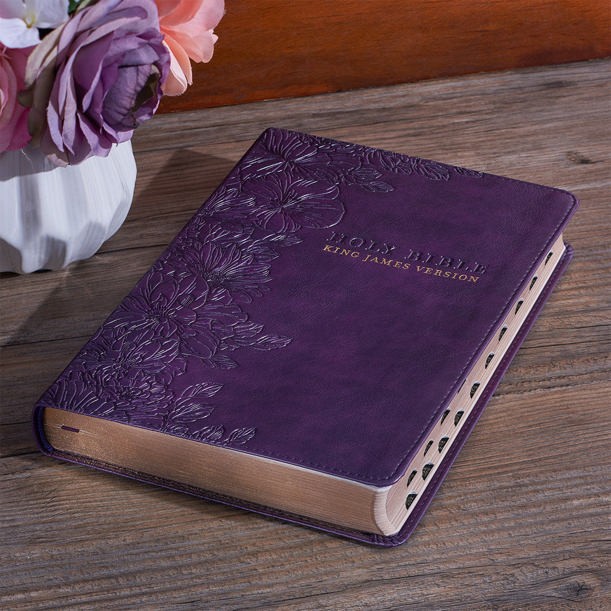 Purple Floral Faux Leather Large Print Thinline King James Version Bible with Thumb Index - The Christian Gift Company