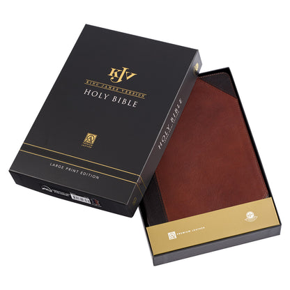 Mahogany and Saddle Tan Genuine Leather Large Print Thinline KJV Bible with Thumb Index - The Christian Gift Company