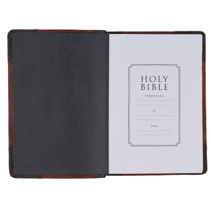 Mahogany and Saddle Tan Genuine Leather Large Print Thinline KJV Bible with Thumb Index - The Christian Gift Company