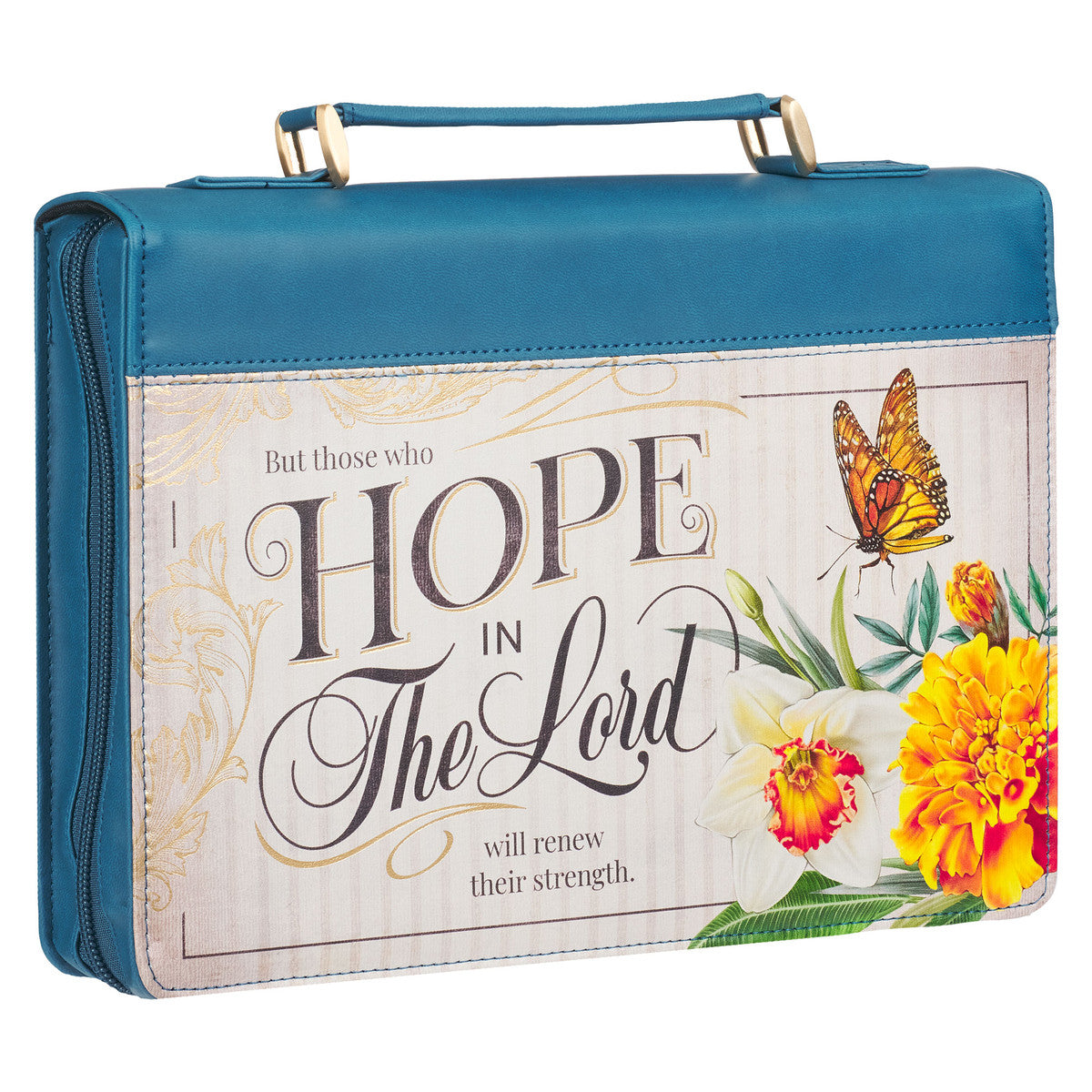 Hope in the LORD Floral Mediterranean Blue Faux Leather Fashion Bible Cover - The Christian Gift Company