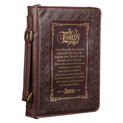 The LORD's Prayer Walnut and Burgundy Faux Leather Classic Bible Cover - Matthew 6: 9-13 - The Christian Gift Company