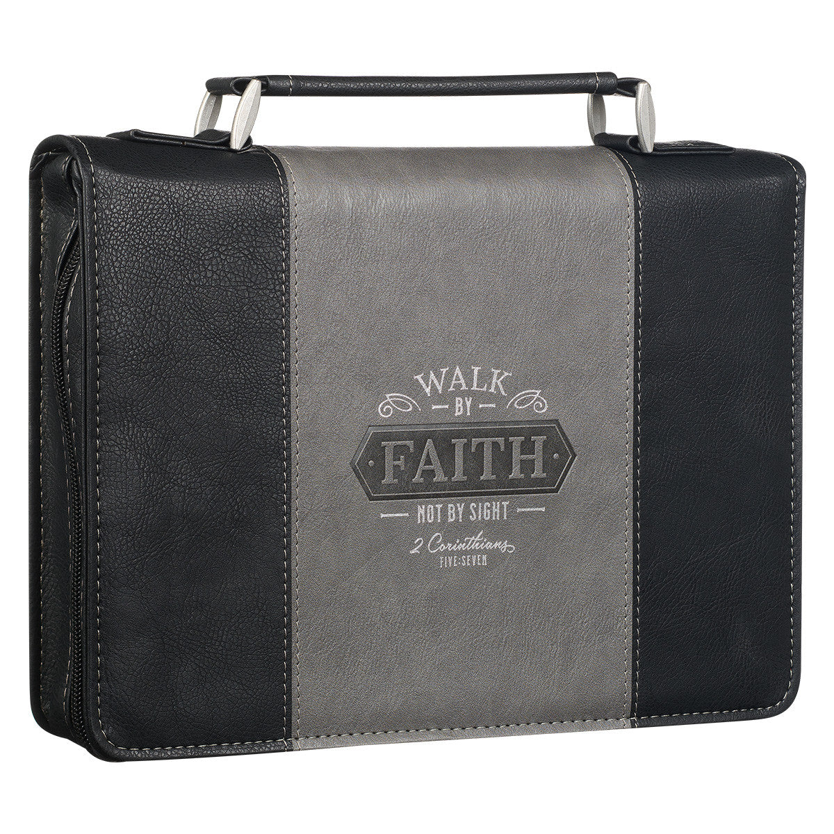 Walk by Faith Black and Grey Faux Leather Classic Bible Cover - 2 Corinthians 5:7 - The Christian Gift Company