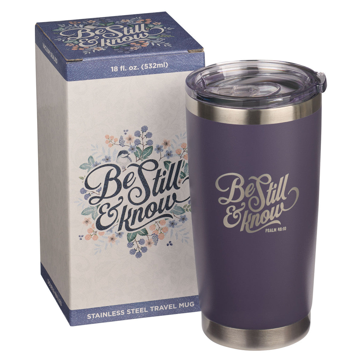 Be Still Purple Stainless Steel Mug - Psalm 46:10 - The Christian Gift Company