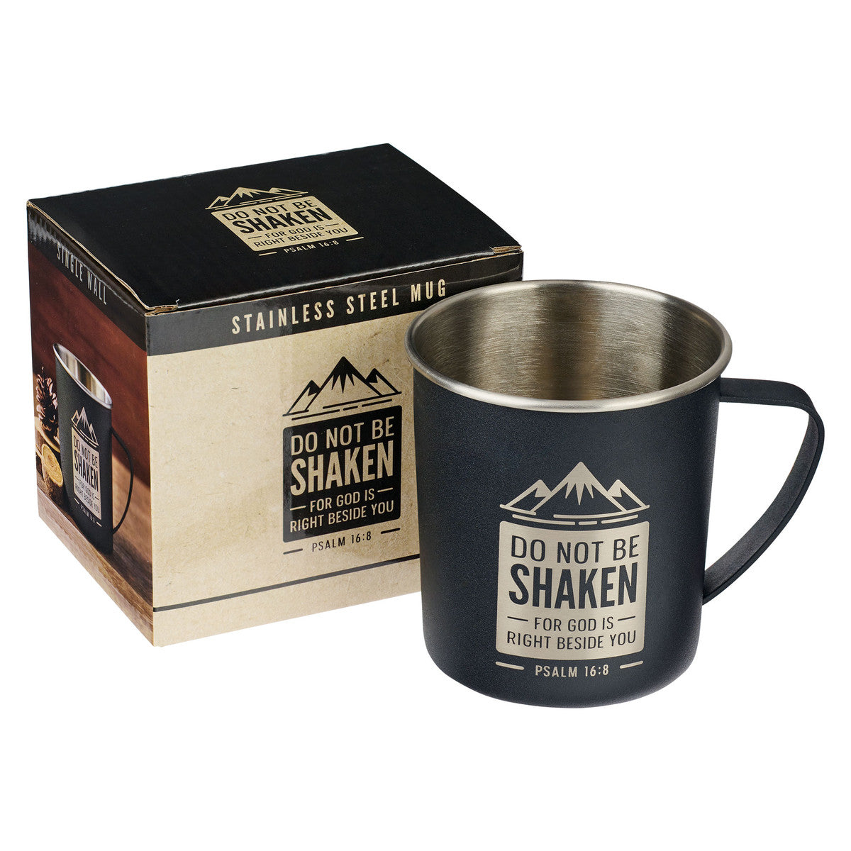 Do Not Be Shaken Black Camp-style Stainless Steel Mug - Psalm 16:8 - The Christian Gift Company