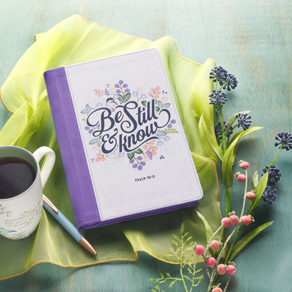 Be Still Purple Pasture Faux Leather Journal with Zippered Closure - Psalm 46:10 - The Christian Gift Company