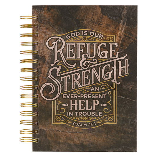 Refuge and Strength Brown and Black Woodgrain Wirebound Journal - Psalm 46:1 - The Christian Gift Company