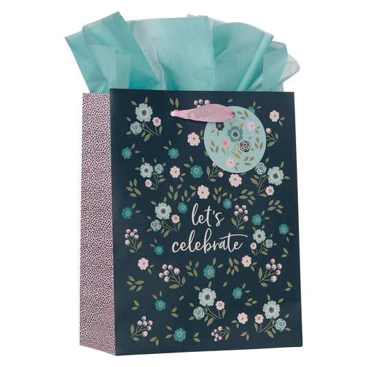 Let's Celebrate Blue Floral Medium Gift Bag - Psalm 107:1 - The Christian Gift Company