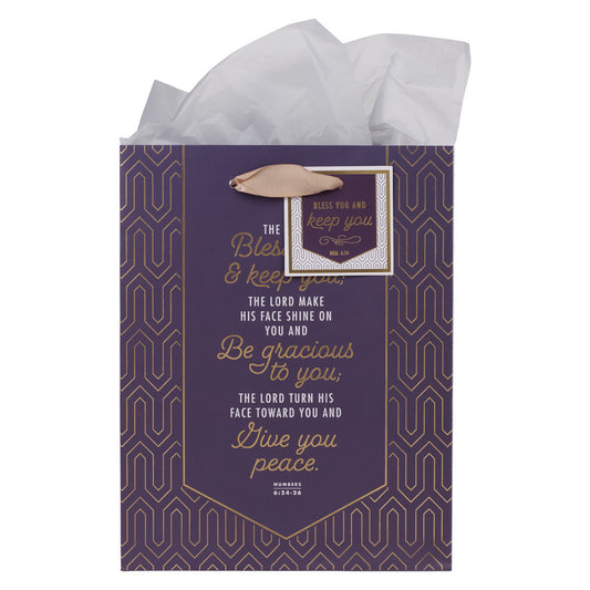 Bless You and Keep You Geometric Purple Medium Gift Bag - Numbers 6:24-26 - The Christian Gift Company