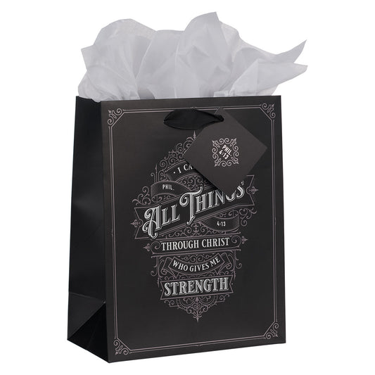 Through Christ Black and Silver Medium Gift Bag - Philippians 4:13 - The Christian Gift Company