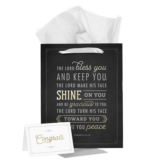 Bless You and Keep You Black and Gold Large Portrait Gift Bag with Card - Numbers 6:24-26 - The Christian Gift Company