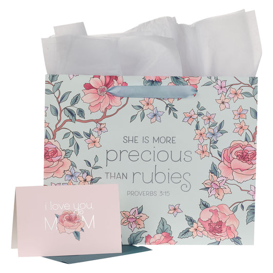 More Precious Than Rubies Pink Floral Large Landscape Bag with Card - Proverbs 5:13 - The Christian Gift Company