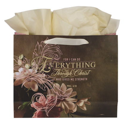 Through Christ Fluted Iris Brown and Pink Large Landscape Gift Bag with Card - Philippians 4:13 - The Christian Gift Company