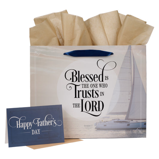 Father's Day Nautical Navy Large Landscape Gift Bag with Card - Jeremiah 17:7 - The Christian Gift Company