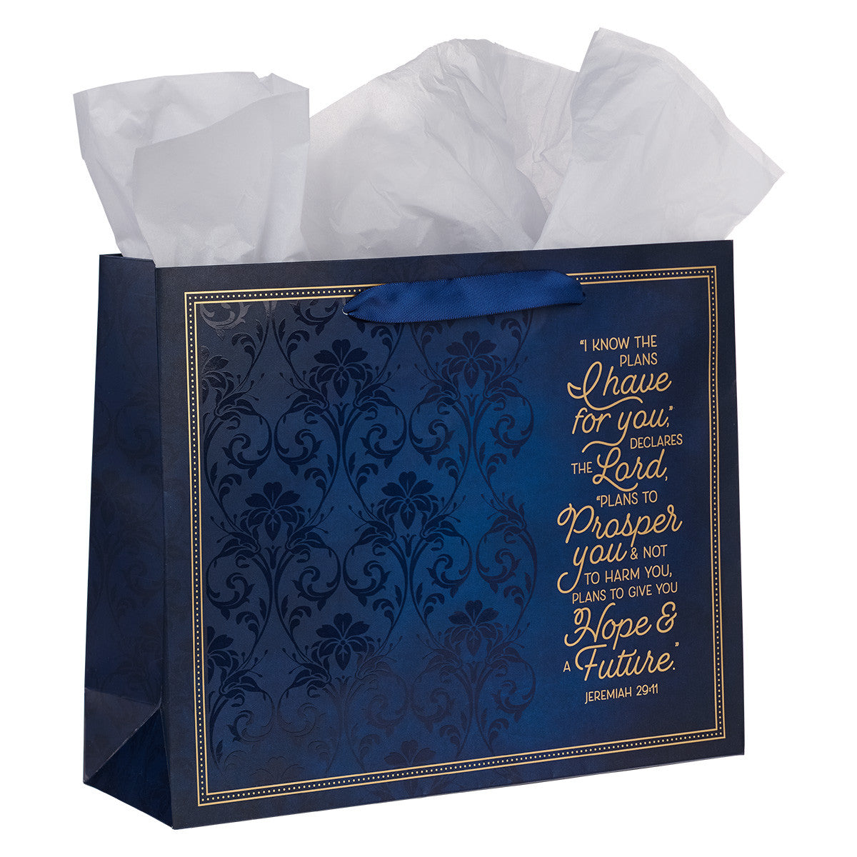 I Know The Plans Blue Floral Trellis Large Landscape Gift Bag with Card - Jeremiah 29:11 - The Christian Gift Company
