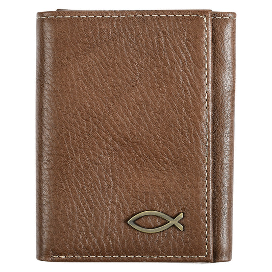 Ichthus Fish Brown Genuine Leather Trifold Wallet - The Christian Gift Company