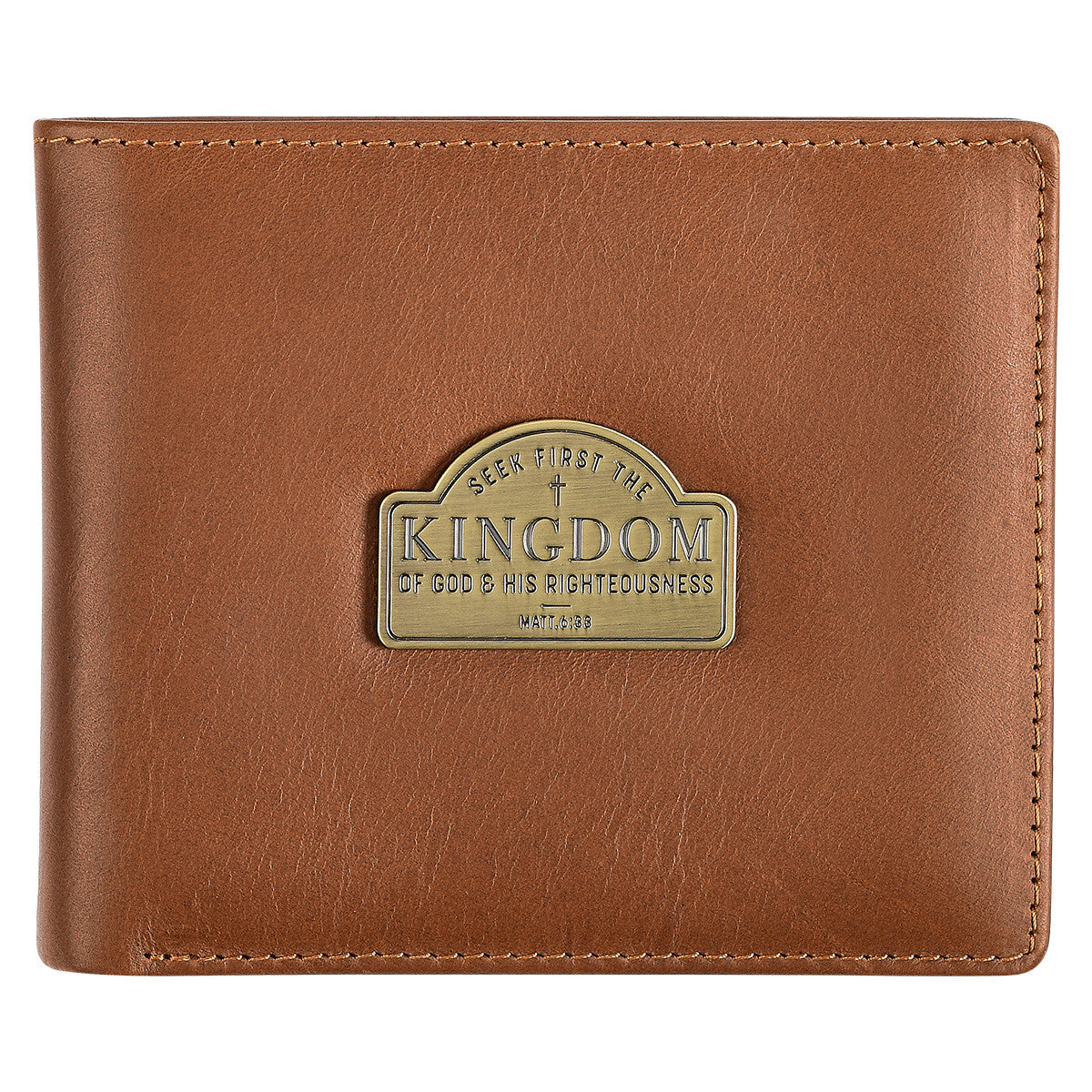 Seek First the Kingdom Saddle Tan Genuine Leather Wallet - Matthew 6:33 - The Christian Gift Company