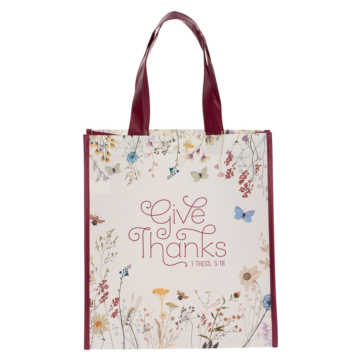 Give Thanks Topsy-Turvy Wildflower Non-Woven Coated Tote Bag - 1 Thessalonians 5:18 - The Christian Gift Company