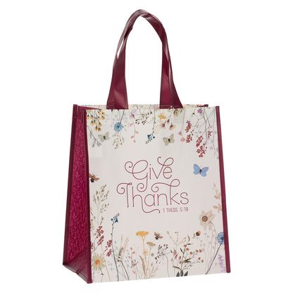 Give Thanks Topsy-Turvy Wildflower Non-Woven Coated Tote Bag - 1 Thessalonians 5:18 - The Christian Gift Company