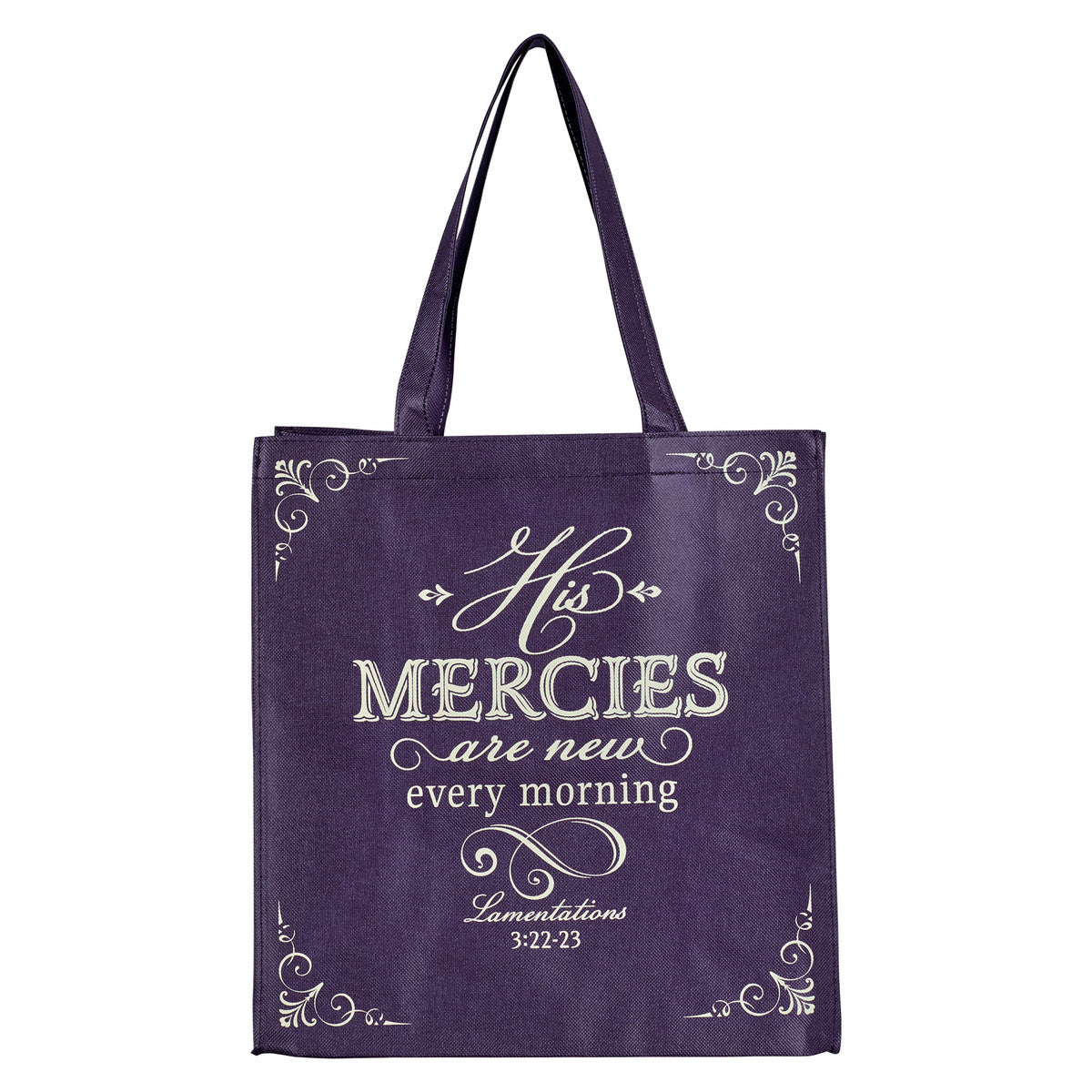 His Mercies are New Purple Amethyst Shopping Tote Bag - Lamentations 3:22-23 - The Christian Gift Company