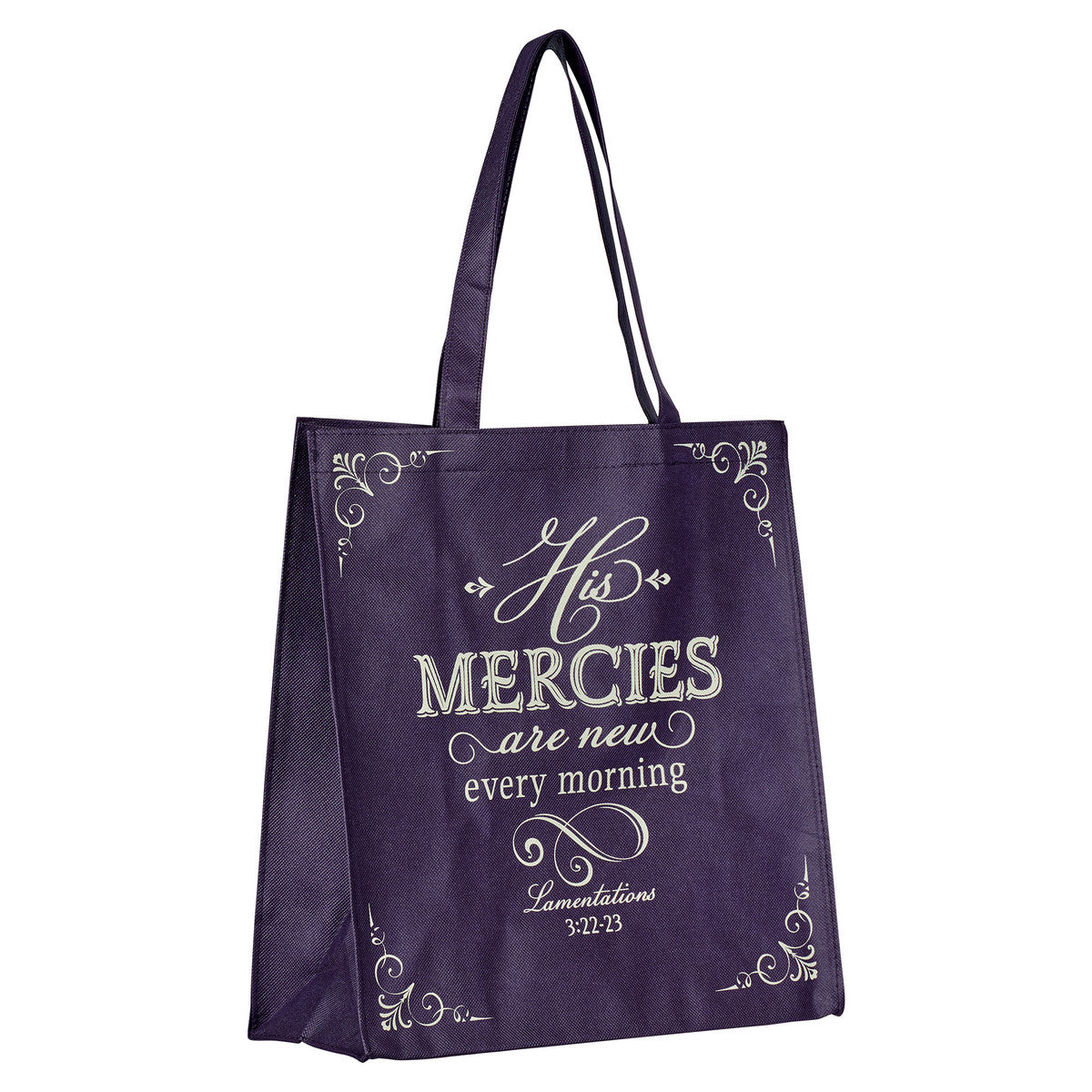 His Mercies are New Purple Amethyst Shopping Tote Bag - Lamentations 3:22-23 - The Christian Gift Company